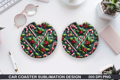 Candy Cane &amp; Holly Car Coaster Sublimation PNG Design Product Image 1