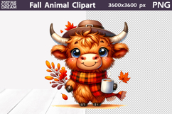 Fall Coffee Highland Cow Clipart | Autumn Animals Leaves PNG Product Image 1
