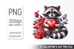 Valentine&#039;s Cute Raccoon Clipart PNG, Digital Download File Product Image 1
