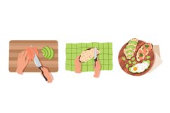 Stages of making sandwich. Female hands cooks breakfast, cut Product Image 1