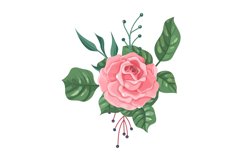Flower. Cartoon garden pink rose with green leaves. Blossom Product Image 1