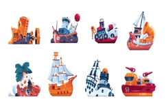 Cartoon ships. Fairy tale boats. Marine vessels. Isolated Product Image 1