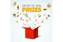Open magic box prize. Realistic red gift with confetti explo Product Image 1