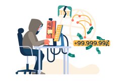 Hacker work. Digital thief and fraudster hacks banking prote Product Image 1