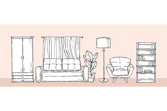 Living room banner. Sketch furniture, flat apartment with wa Product Image 1