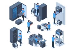 Isometric engineers characters serve data center network equ Product Image 1