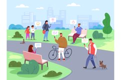 People city use smartphones. Many humans using mobile phones Product Image 1