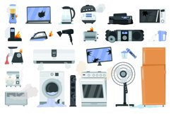 Flat broken household appliance, damaged tech on fire. Burnt Product Image 1