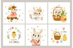 Easter rabbits cards. Cute cartoon bunny and little chicks c Product Image 1