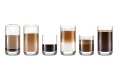Coffee cups. Hot delicious drinks in transparent glasses bev Product Image 1