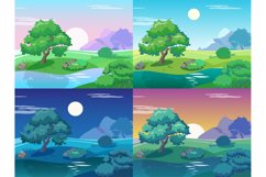 Different day times landscape. Morning and evening meadow wi Product Image 1