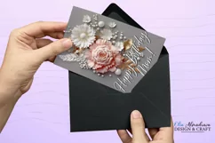 PNG printable card template for Mothers Birthday celebrations with beautiful 3d flowers and quotes Happy Birthday, Mom. BONUS- SVG envelope template for card.