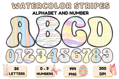 Watercolor Stripes Doodle Alphabet PNG Retro Letters 300 DPI Product Image 1