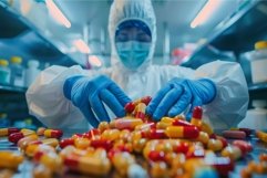 Pharmaceutical technician wearing hazmat suit checking quali Product Image 1