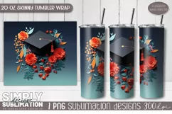 3D Graduation Sublimation Skinny Tumbler Wrap| 20oz | Png Product Image 1