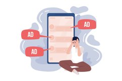 Man disappointed with annoying ads 2D vector illustration Product Image 1