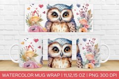 Cute Owl Mug Wrap|Flower Mug Watercolor Design Product Image 1
