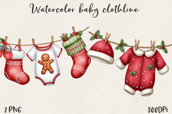 Watercolor Christmas Baby Clothesline Clipart PNG Product Image 16