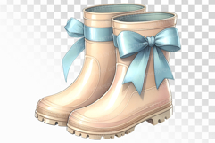 Beige Rubber Rain Boots with Blue Ribbon Accent PNG Product Image 1