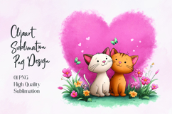 Cute Couple Cats with Heart Background Sublimation PNG Product Image 1