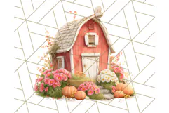 Fall Barn Clipart PNG With Pumpkins and Flowers, Autumn Png Product Image 2
