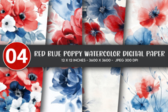 Red Blue Poppy Watercolor Digital Paper Product Image 1