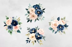 Dark Blue & Blush Pink Flowers Clipart PNG. Product Image 3