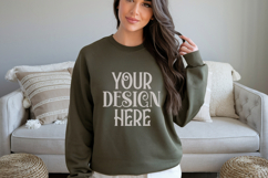 Gildan 18000 Military Green Crewneck Sweatshirt Mockups,G180 Product Image 1