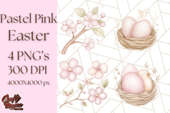 Pastel Pink Easter Bunny Egg and Flowers Clipart PNG Product Image 1