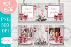 Pink Christmas photo mug wrap PNG Sublimation, festive mug Product Image 1