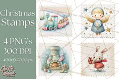 Vintage Christmas Stamp Clipart PNG Watercolor Product Image 1