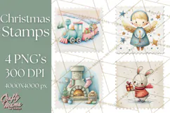 Vintage Christmas Stamp Clipart PNG Watercolor Product Image 1