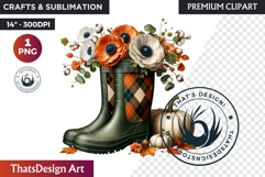 Autumn Floral Rain Boots PNG, Fall Flower in Wellies Clipart Product Image 1