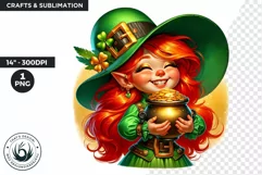 St Patricks Day Gnome Girl Watercolor Clipart, Gnomes PNG Product Image 1
