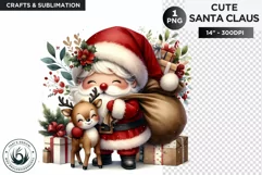 Cute Santa claus with reindeer & gifts Christmas PNG clipart Product Image 1