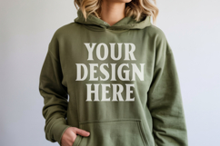Military Green Gildan 18500 Hoodie Mockup, G18000 Hoodie Mod Product Image 1