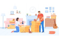 Couple unpack boxes. Woman and boyfriend unpacking stuff for Product Image 1