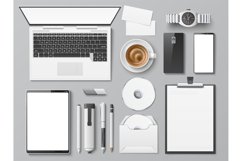 Realistic desktop top view. Office workplace with different Product Image 1