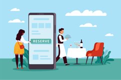 Mobile booking, reservation of table in restaurant. Woman ch Product Image 1