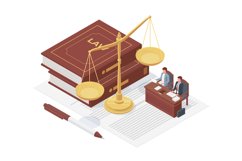 Isometric law concept, balance scale, justice book and case. Product Image 1