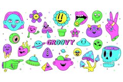 Cartoon neon psychedelic stickers, abstract hipster retro em Product Image 1