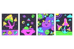 Psychedelic neon hippie retro stickers posters. Crazy surrea Product Image 1
