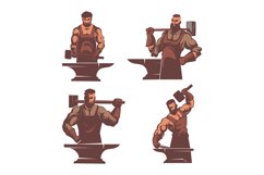 Blacksmith characters. Strong man worker with big steel hamm Product Image 1