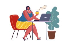 Woman sitting at table and communicating. Coffee break. Cart Product Image 1