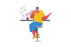 Coffee break. Man drinks hot beverage. Cartoon character sit Product Image 1