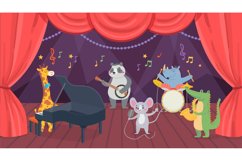 Animal musicians characters on theatre stage. Giraffe, rhino Product Image 1