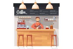 Barista at coffee counter. Owner worker cafe shop pouring l Product Image 1