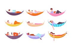 People in hammocks. Man lying relaxing swing hammock, freel Product Image 1