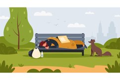 Homeless on street. Cartoon dirty poor man character sleepin Product Image 1