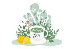 Tea drink concept. White cup with organic tea. Cartoon mug w Product Image 1